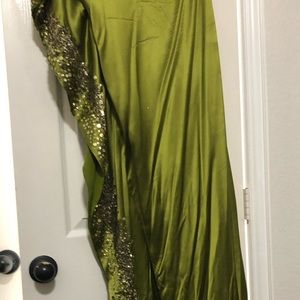One shoulder silky vibrant green dress with gold beading on side